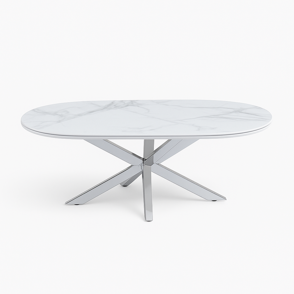 Cavallo – Table basse en céramique aspect marbre avec piètement en acier inoxydable
