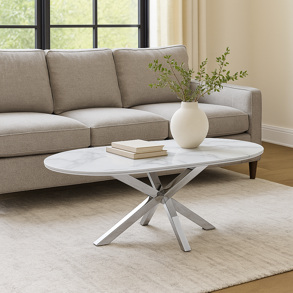 Cavallo – Table basse en céramique aspect marbre avec piètement en acier inoxydable