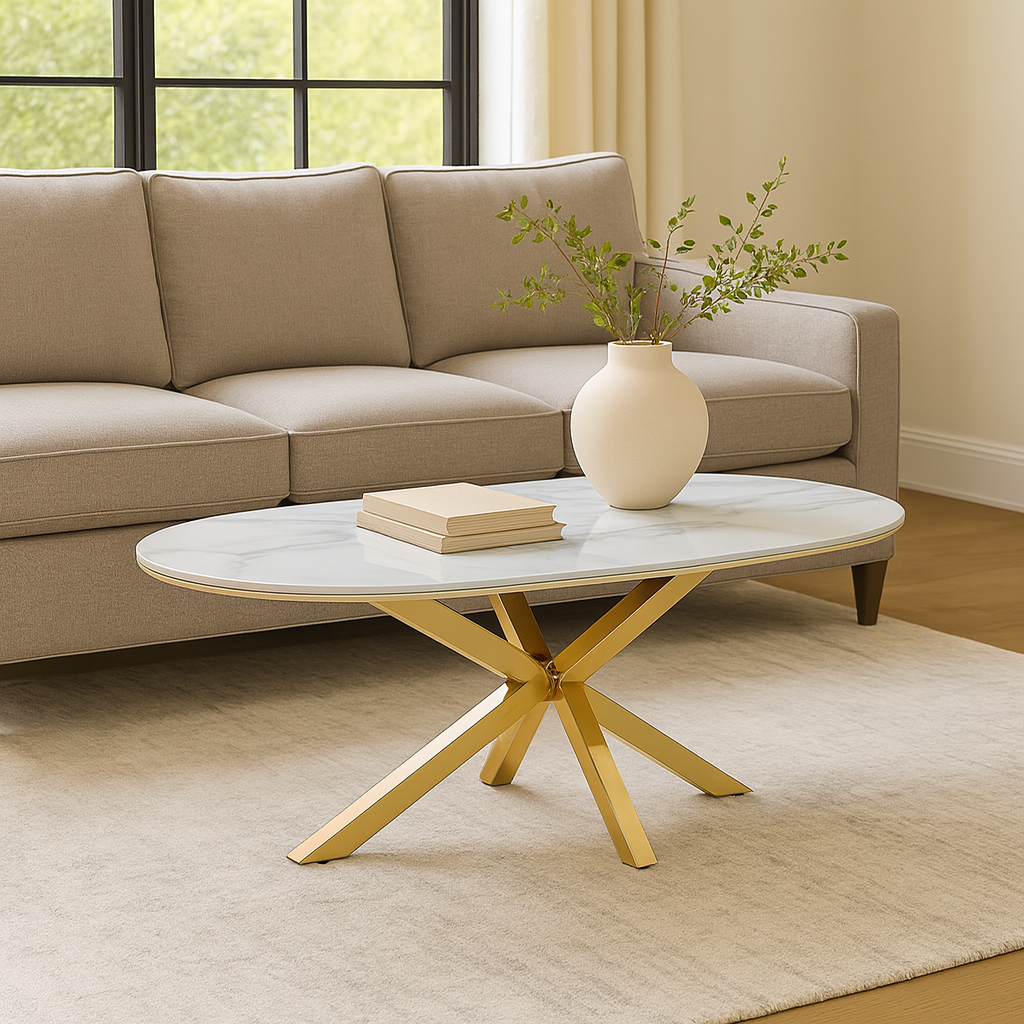 Cavallo – Table basse en céramique aspect marbre avec piètement en acier inoxydable