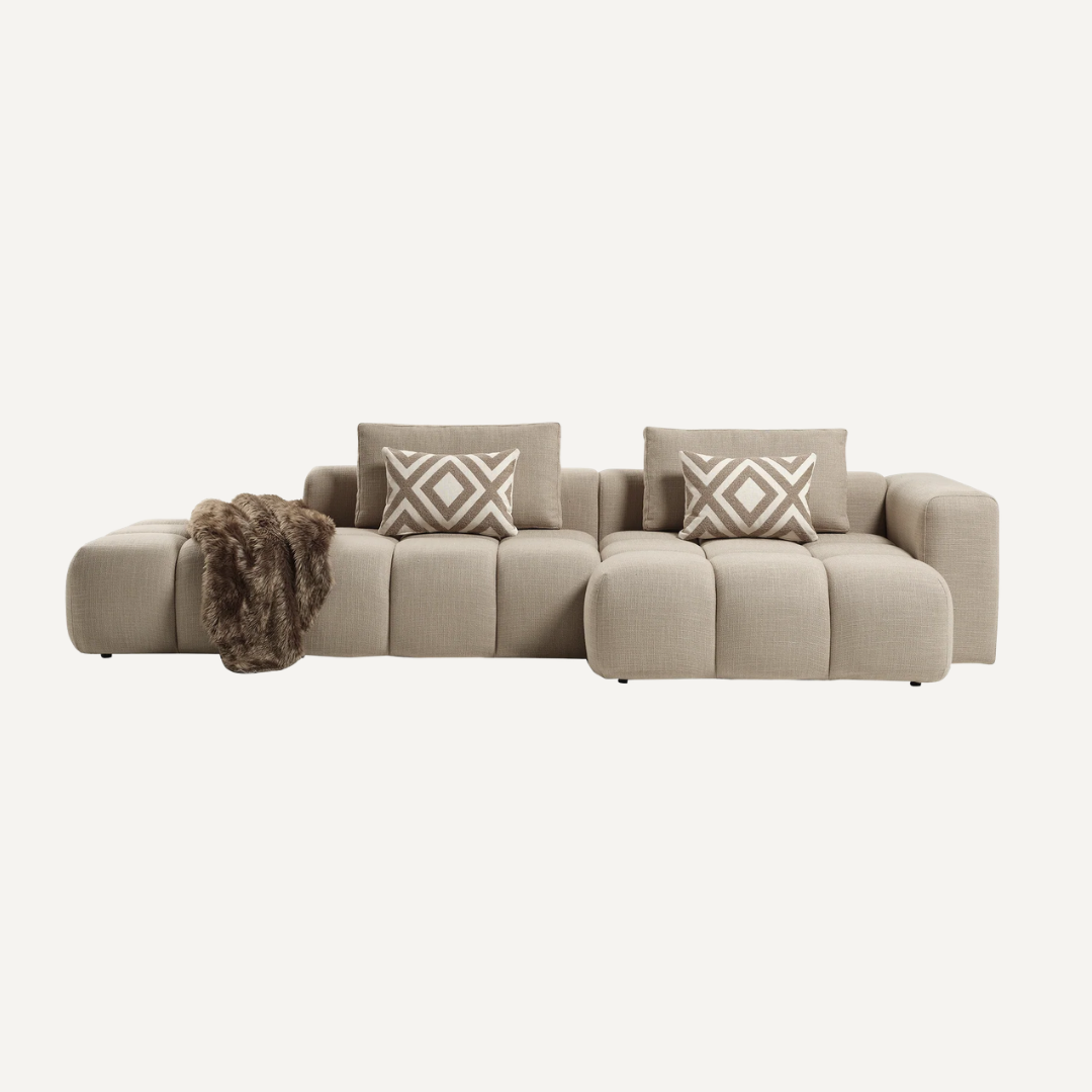 Canapé d'angle modulable Paris – 330 x 62 x 150 cm – Tissu texturé beige à motif blocs
