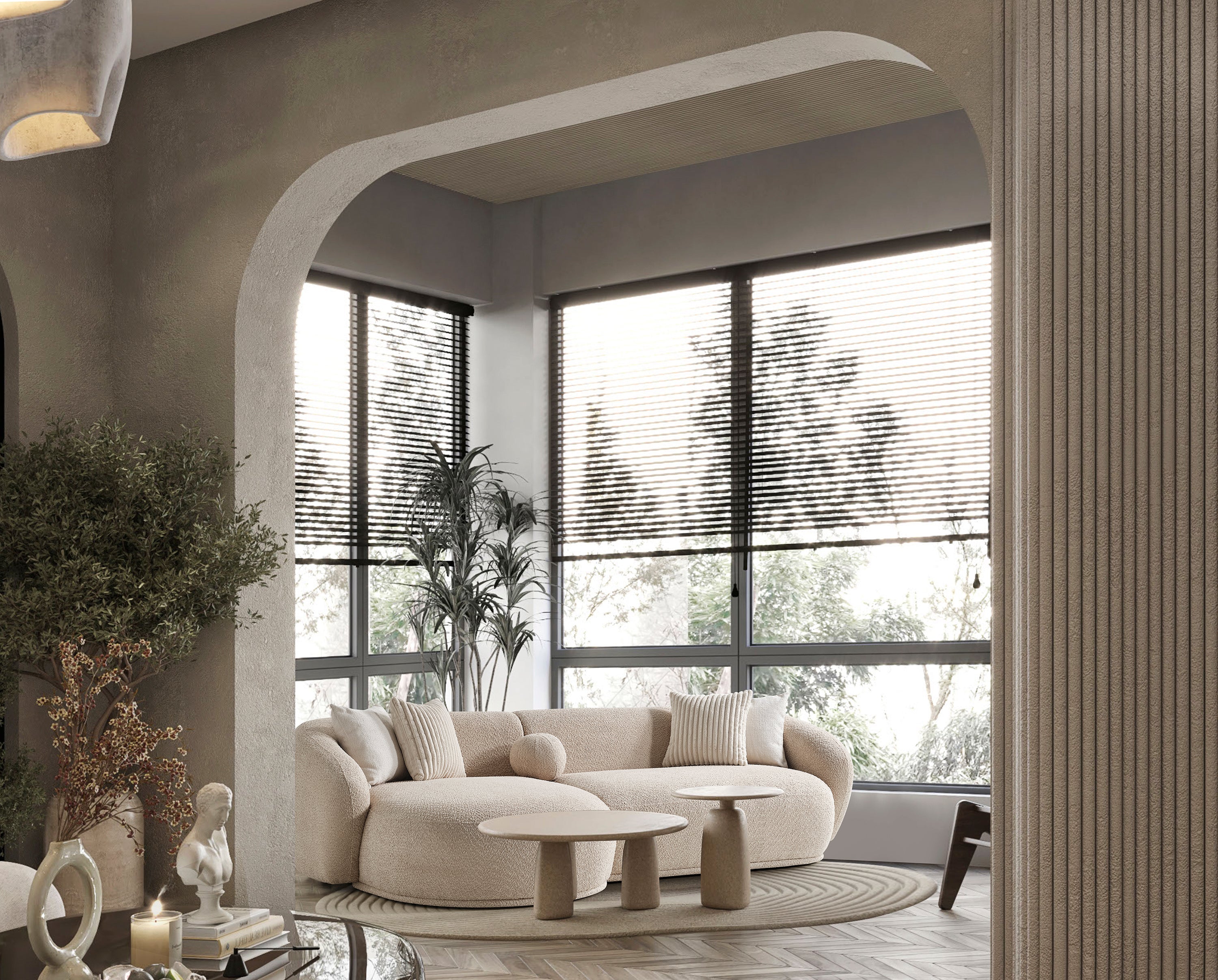 Canapé Oslo Rond – 290 x 76 x 140 cm – Bouclé Beige avec Forme Organique