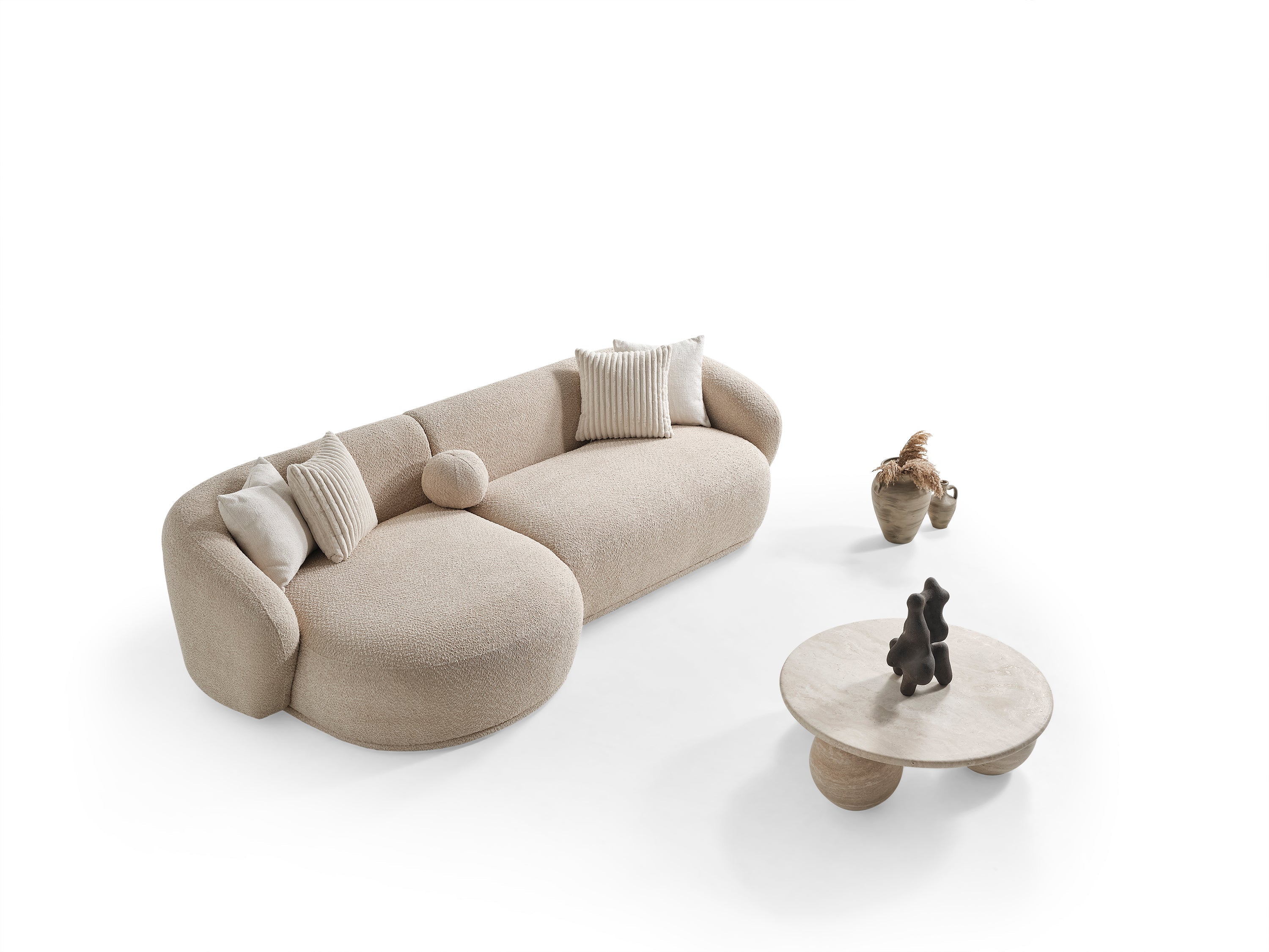 Canapé Oslo Rond – 290 x 76 x 140 cm – Bouclé Beige avec Forme Organique
