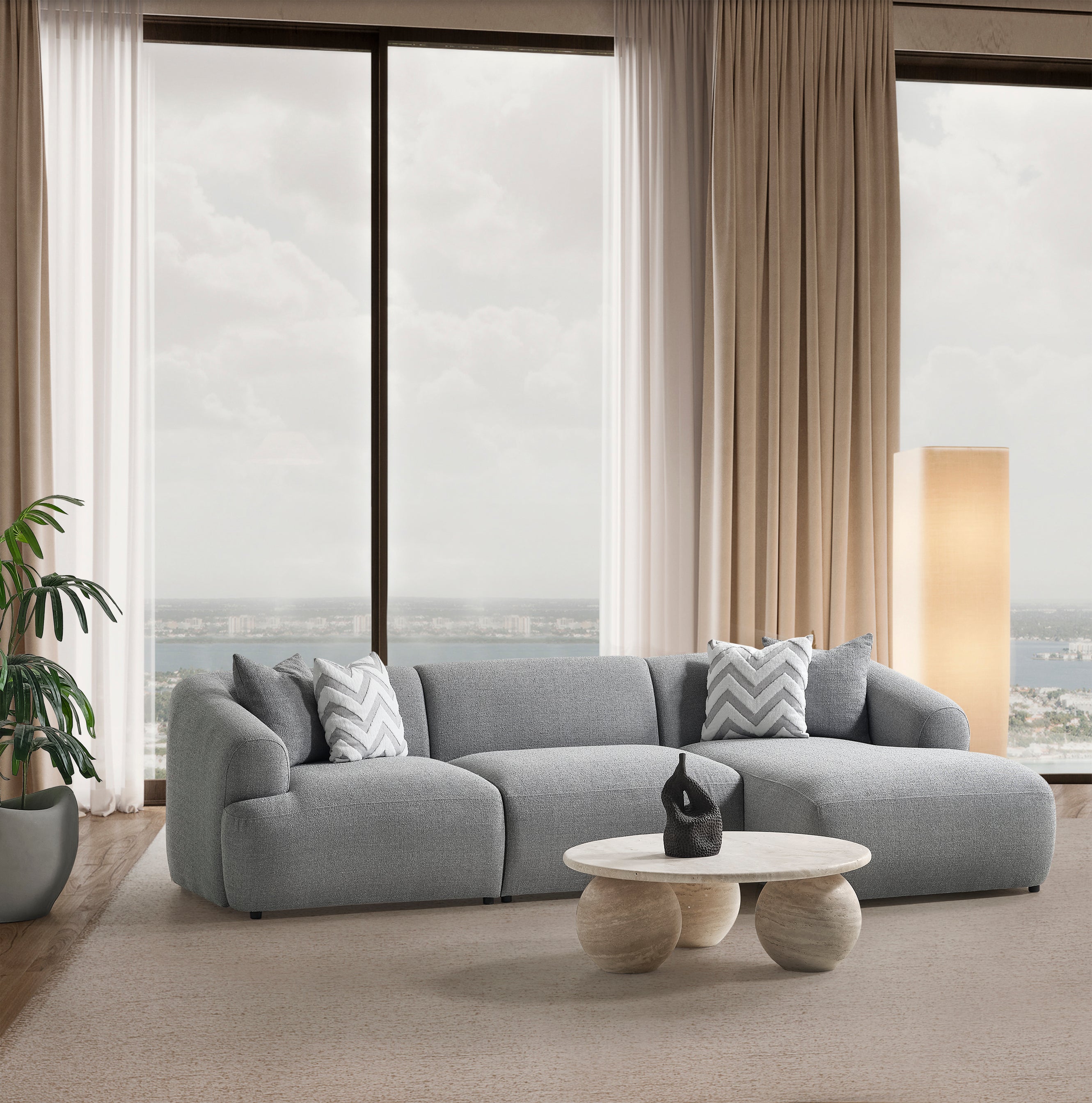 Canapé d'angle Porto – 290 x 70 x 140 cm – Bouclé moderne gris doux