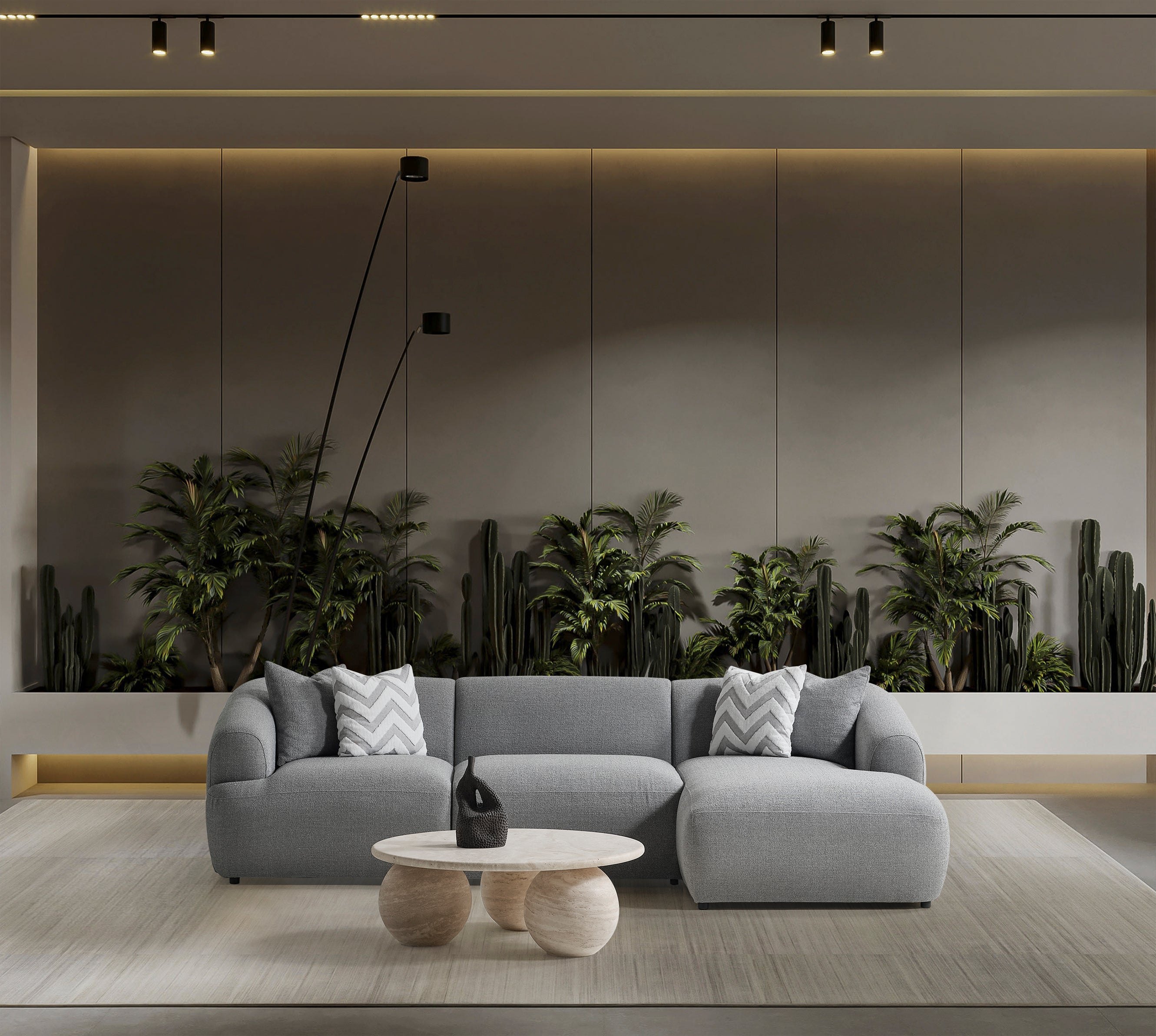 Canapé d'angle Porto – 290 x 70 x 140 cm – Bouclé moderne gris doux