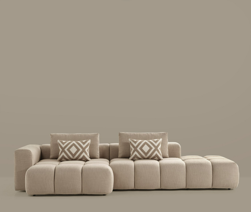 Canapé d'angle modulable Paris – 330 x 62 x 150 cm – Tissu texturé beige à motif blocs