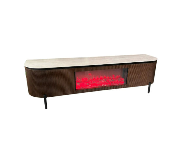 Aqua TT Brown – Meuble TV avec cheminée 200x50x55 cm – Plateau en céramique beige