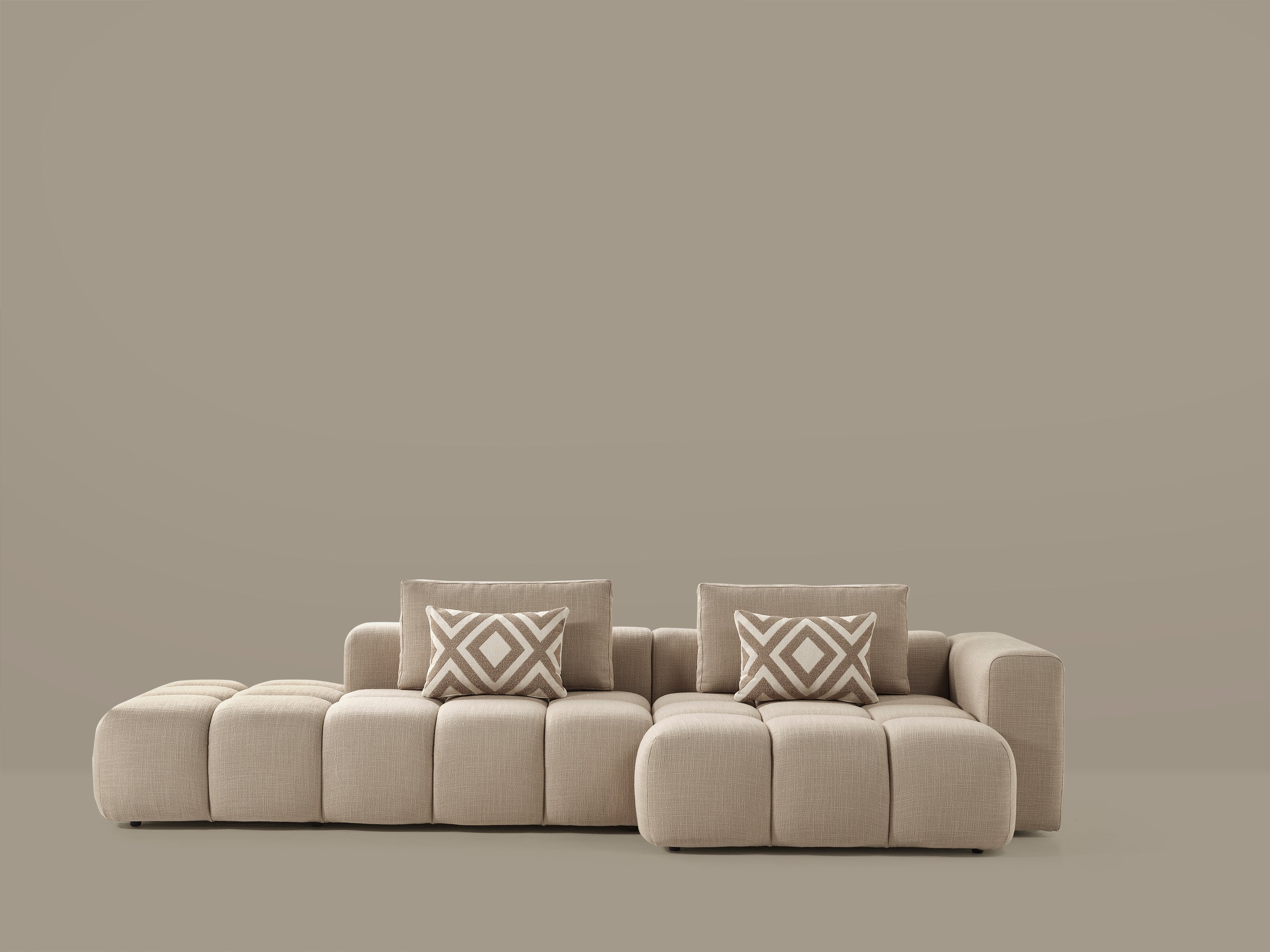 Canapé d'angle modulable Paris – 330 x 62 x 150 cm – Tissu texturé beige à motif blocs