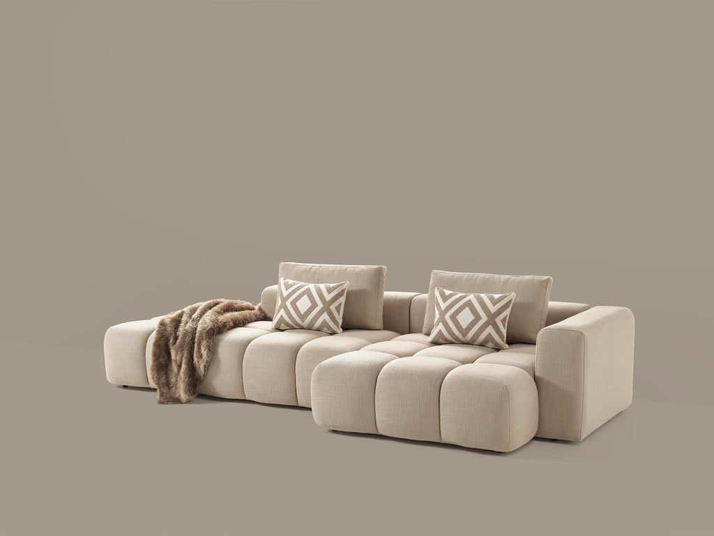 Canapé d'angle modulable Paris – 330 x 62 x 150 cm – Tissu texturé beige à motif blocs
