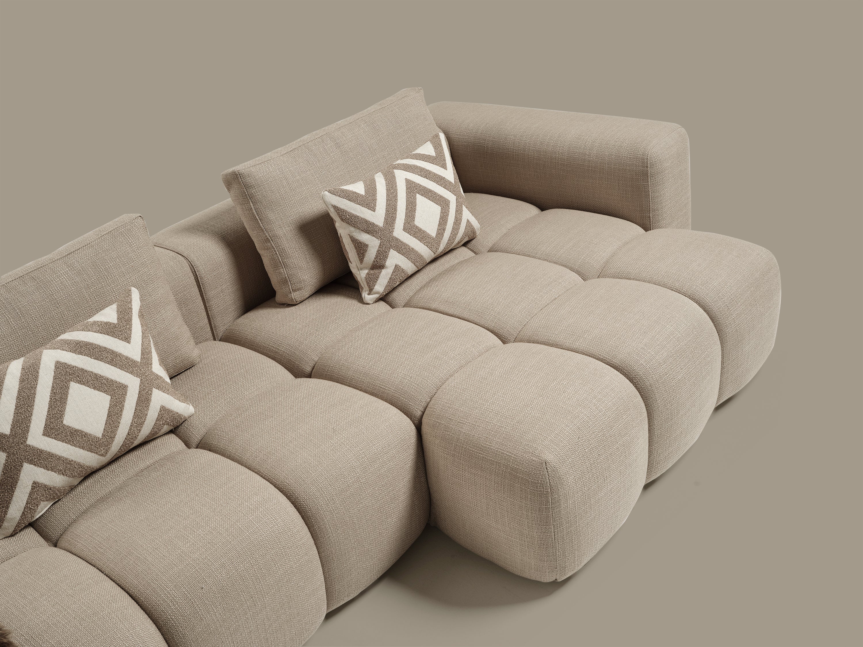 Canapé d'angle modulable Paris – 330 x 62 x 150 cm – Tissu texturé beige à motif blocs