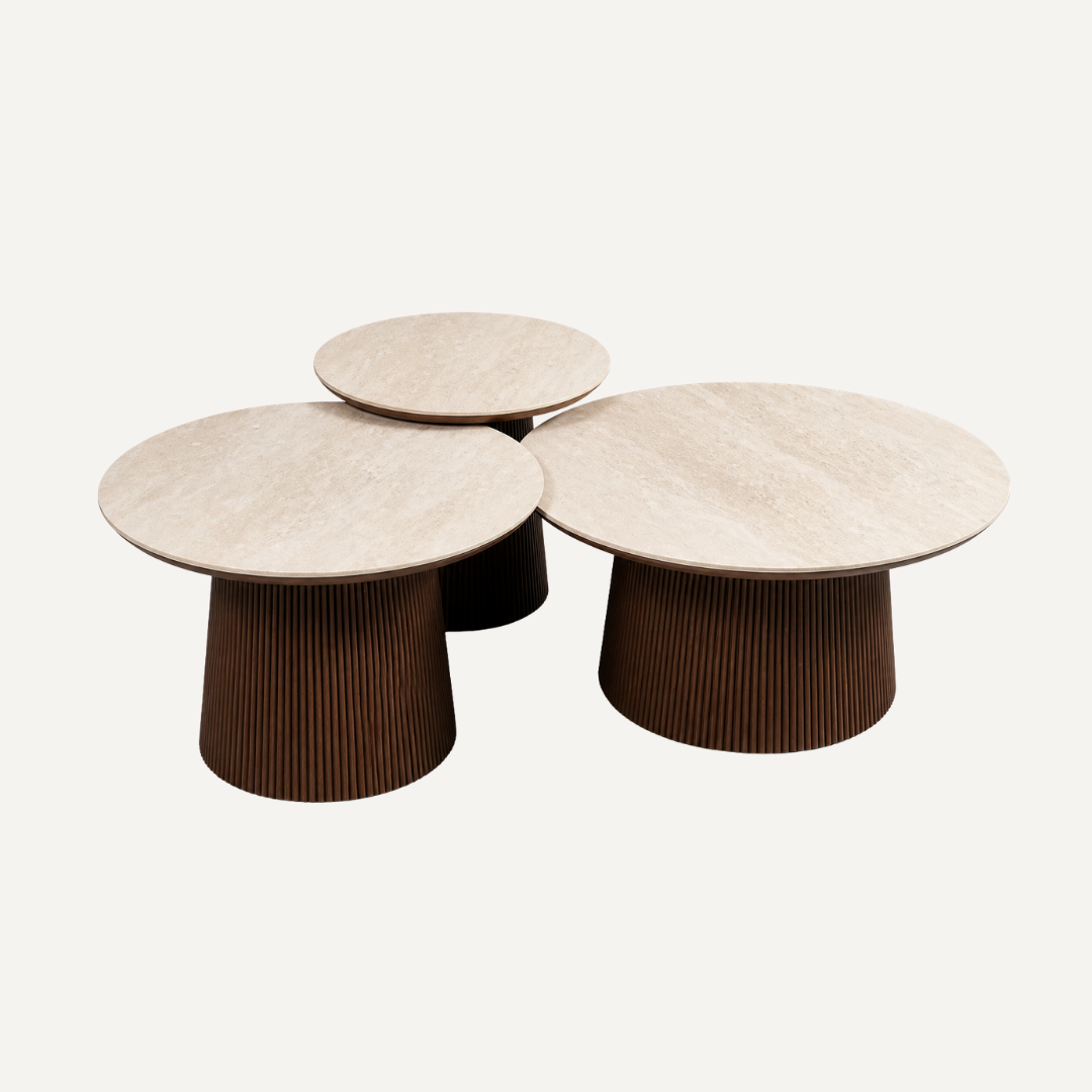 Aqua CT Brown – Ensemble de 3 Tables Basses – Plateau Céramique Beige